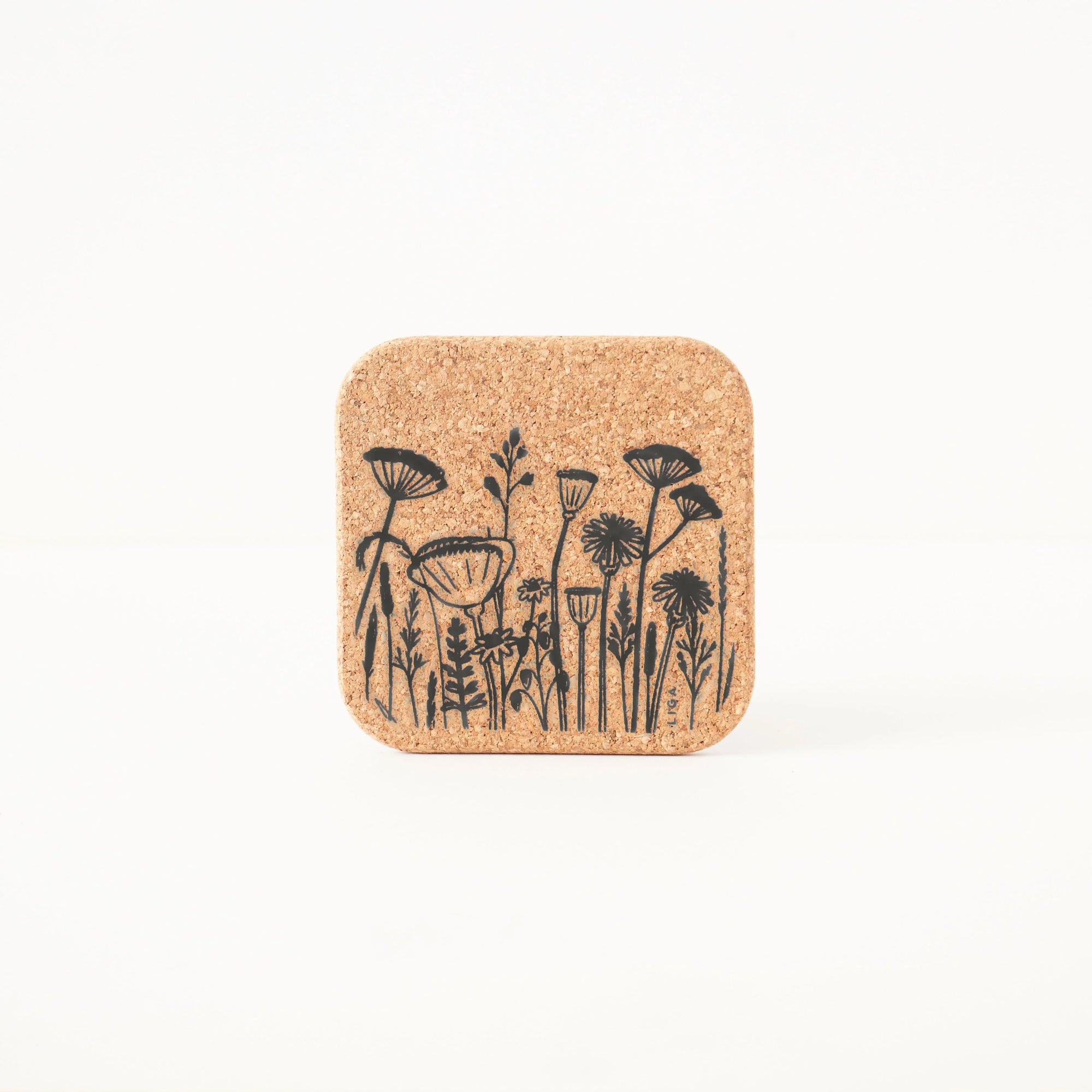 Square Cork Coasters | Grey Flowers Set of 4