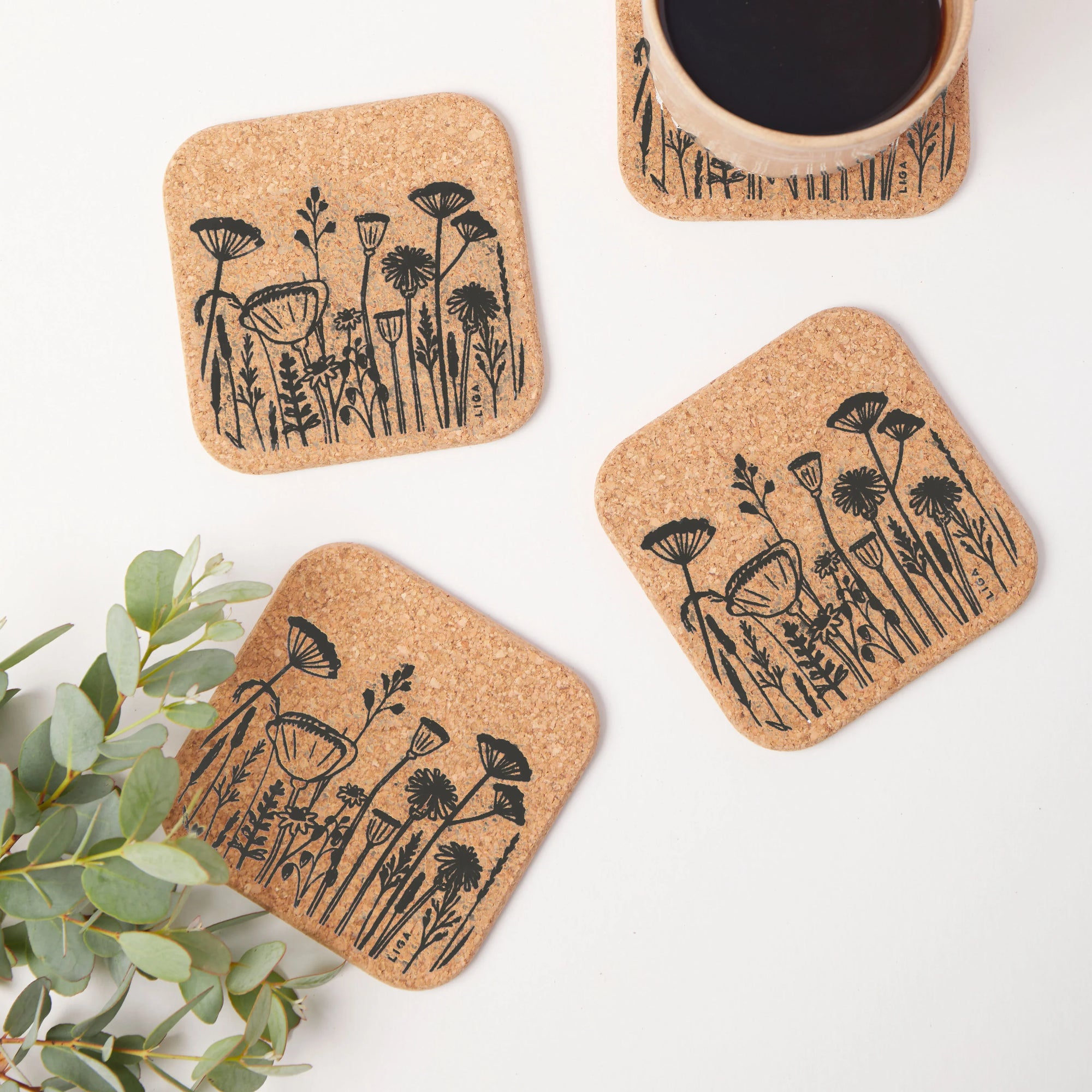 Square Cork Coasters | Grey Flowers Set of 4