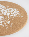 Eco friendly cork placemats + coasters. Hydrangea Design