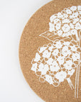 Eco friendly cork placemats + coasters. Hydrangea Design