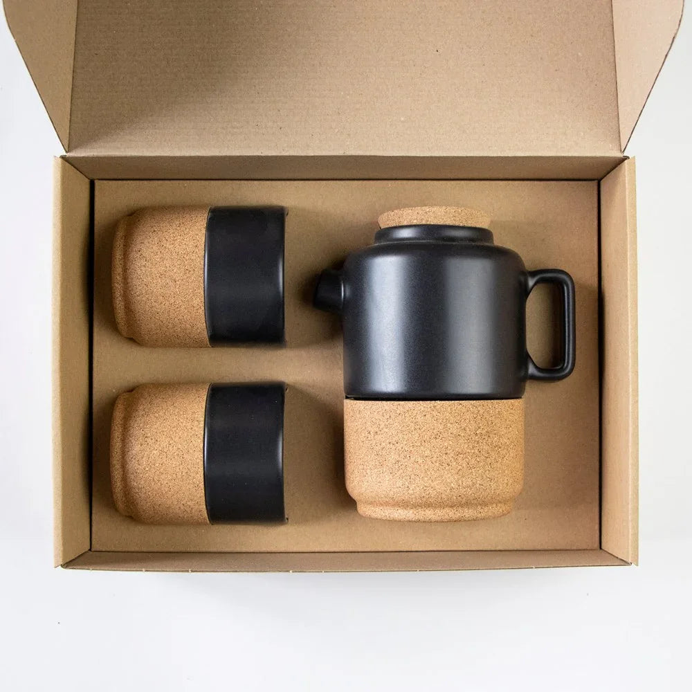 Sustainable ceramic and cork 2x coffee mugs and a tea for 2 teapot in matt blacktea for 2 gift sets-