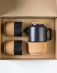 Sustainable ceramic and cork 2x coffee mugs and a tea for 2 teapot in matt blacktea for 2 gift sets-