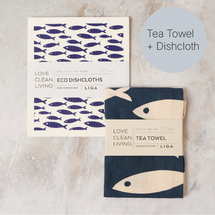 Tea Towel and matching Dishcloths | Fish &amp; Wave
