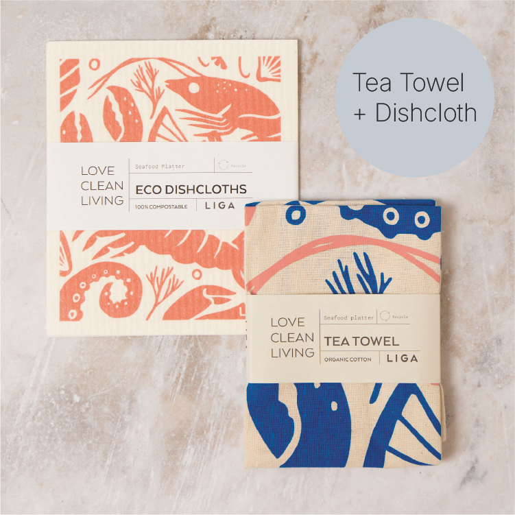 Tea Towel and matching Dishcloths | Seafood Platter