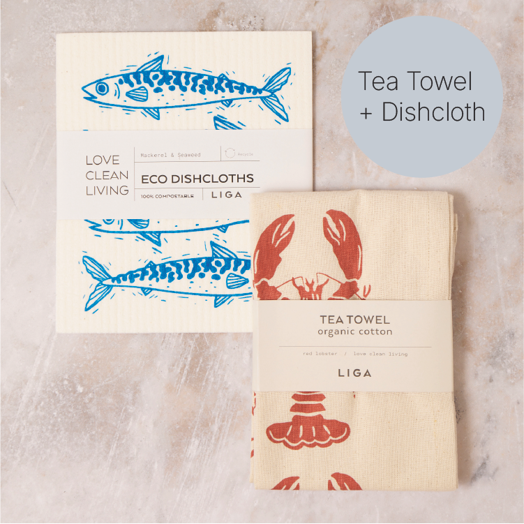 Tea Towel and matching Dishcloths | Mackerel &amp; Lobster