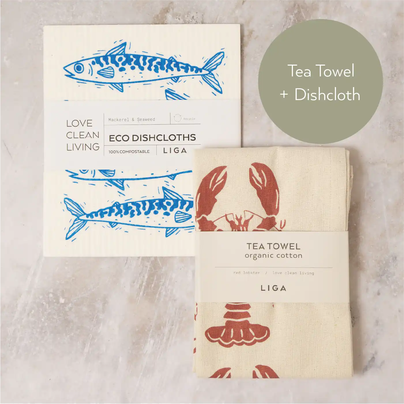 Tea Towel and matching Dishcloths | Mackerel &amp; Lobster