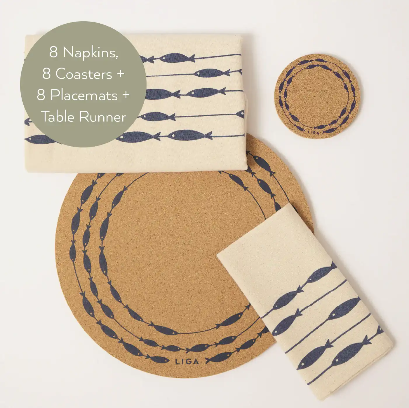 Napkins, Coasters, Placemats and Runner Bundle S/8 | Fish on a Line