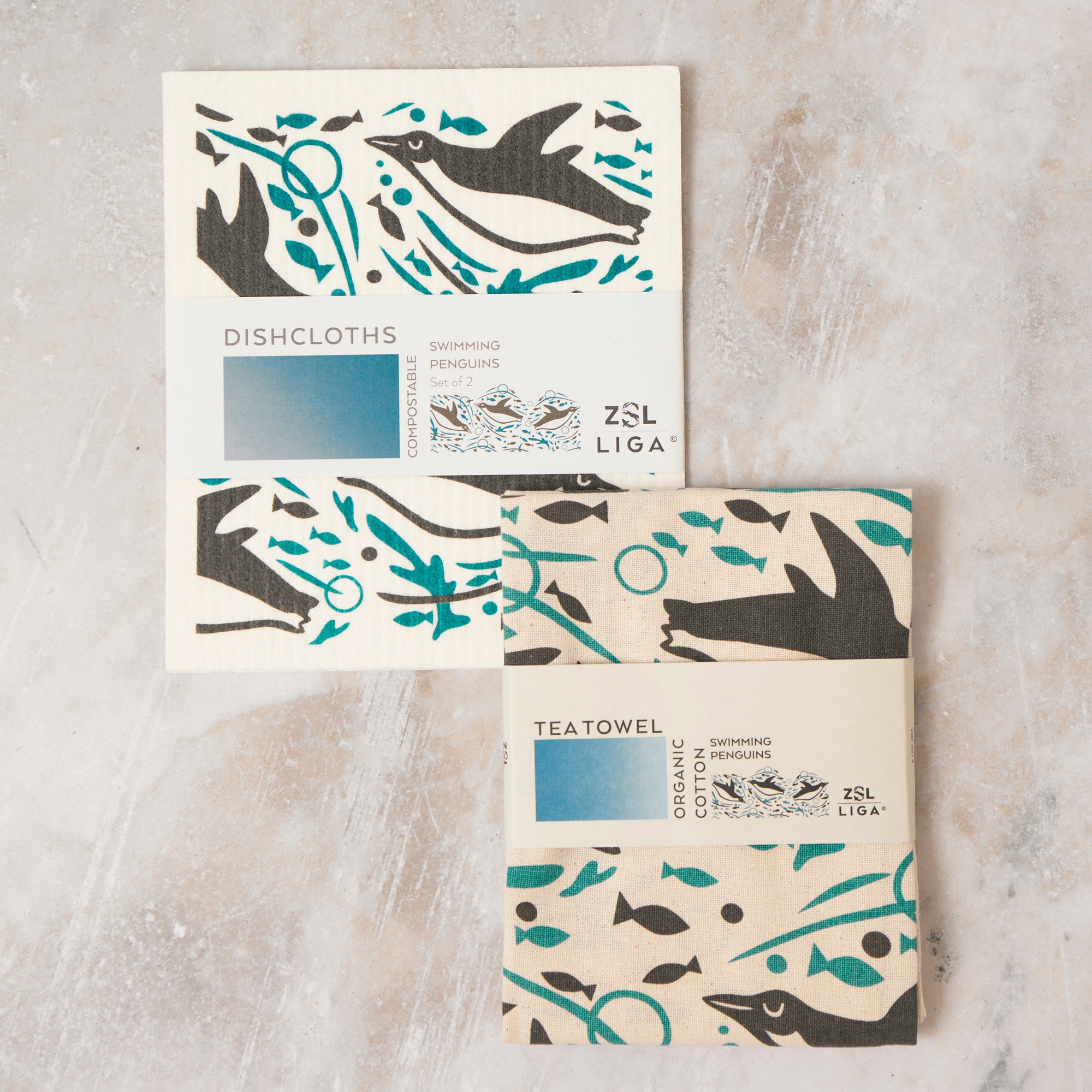 Tea Towel and matching Dishcloths | Swimming Penguin