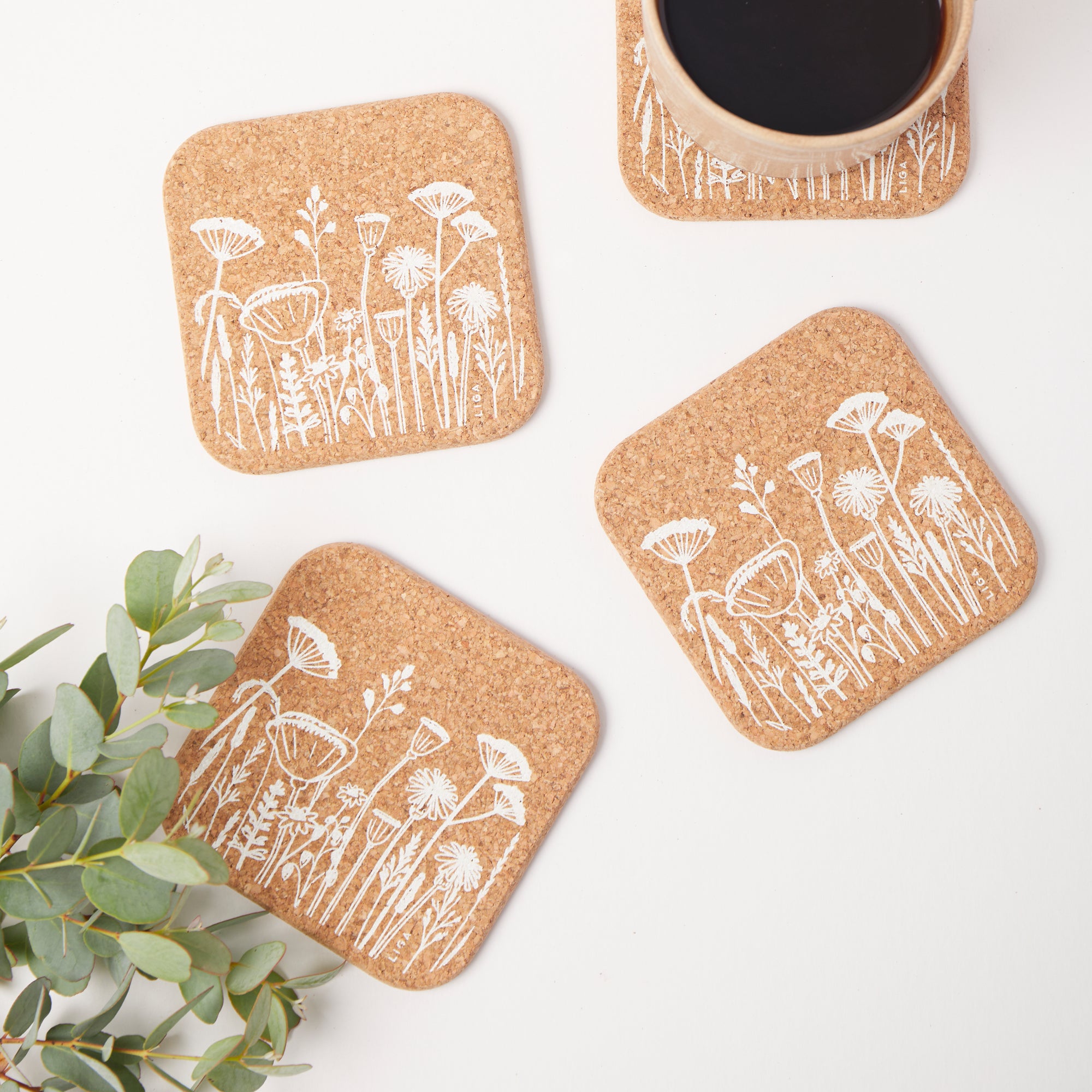 Square Cork Coasters | White Flowers