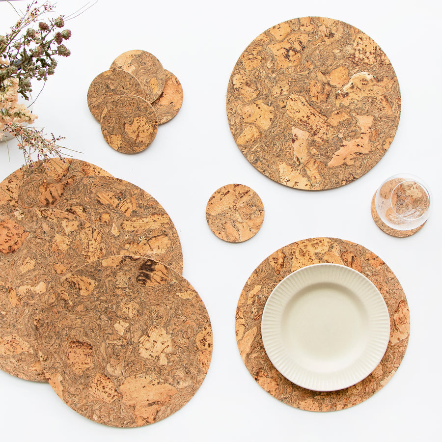 Set of 6 Natural Cork Placemats + Coasters | Round