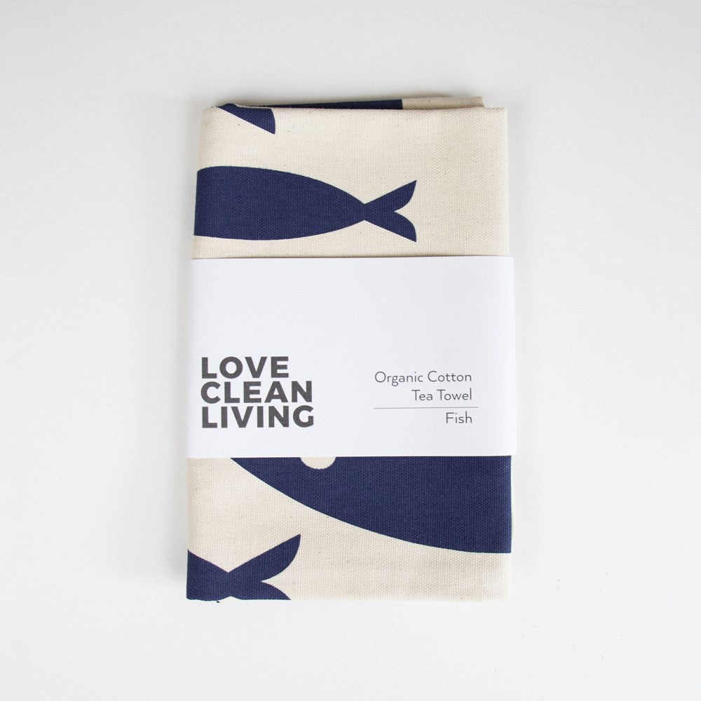 Navy fish 100% organic cotton tea towel