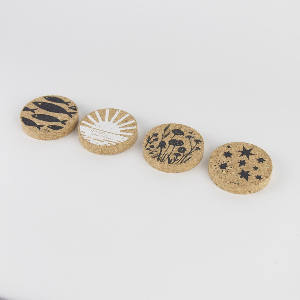 Sustainable cork round magnet. fish, sun, wildflower and star designs