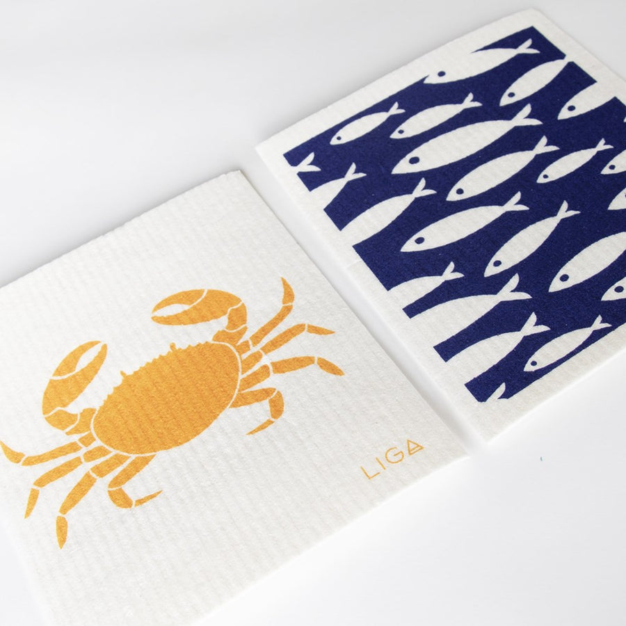 100% compostable dishcloths.Crab + fish in the sea