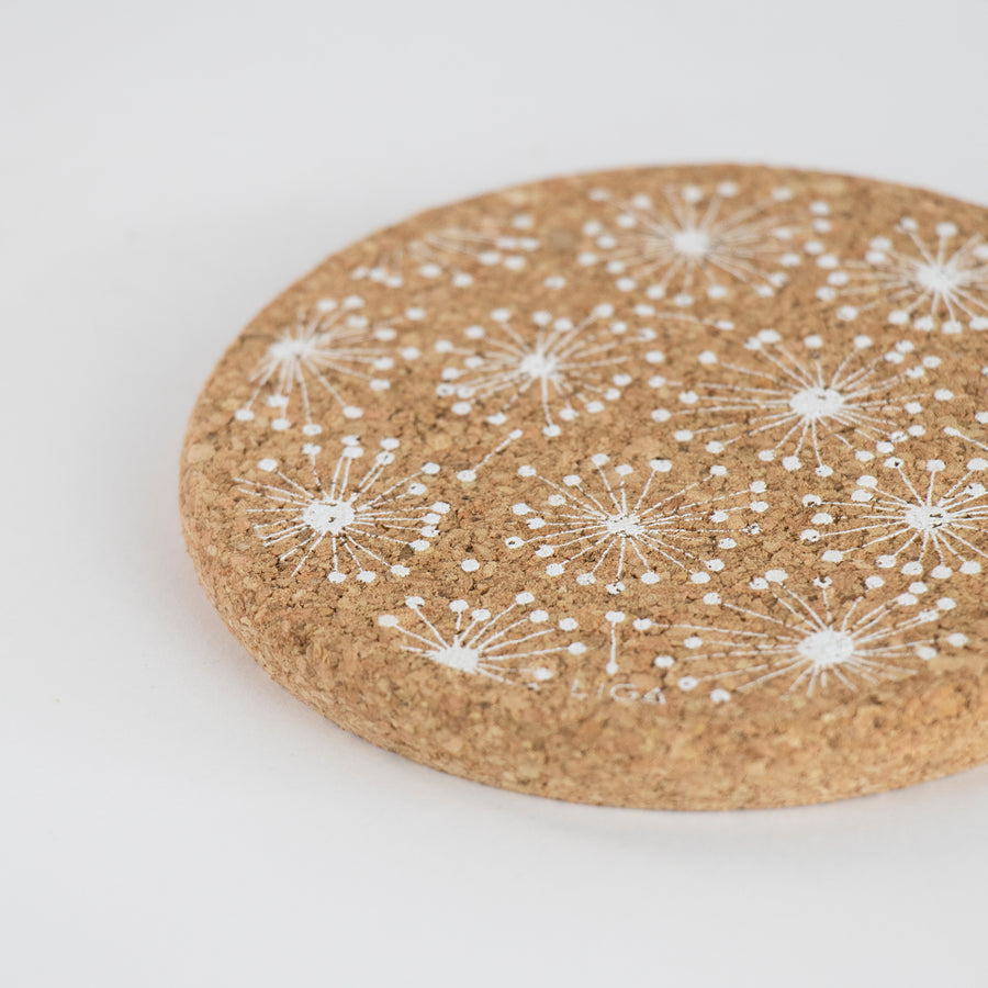 Eco friendly cork coasters. Dandelion design