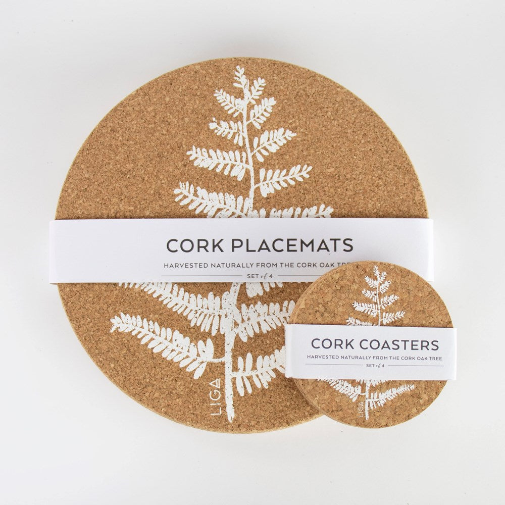 Eco friendly cork placemats + coasters. Fern design