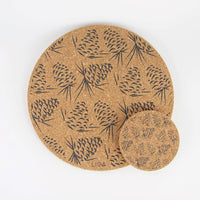 Eco friendly cork placemats + coasters. Pinecone design
