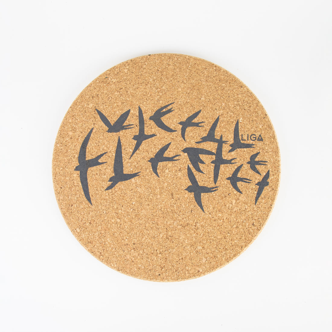 Sustainable cork placemat and coaster. Grey swallows