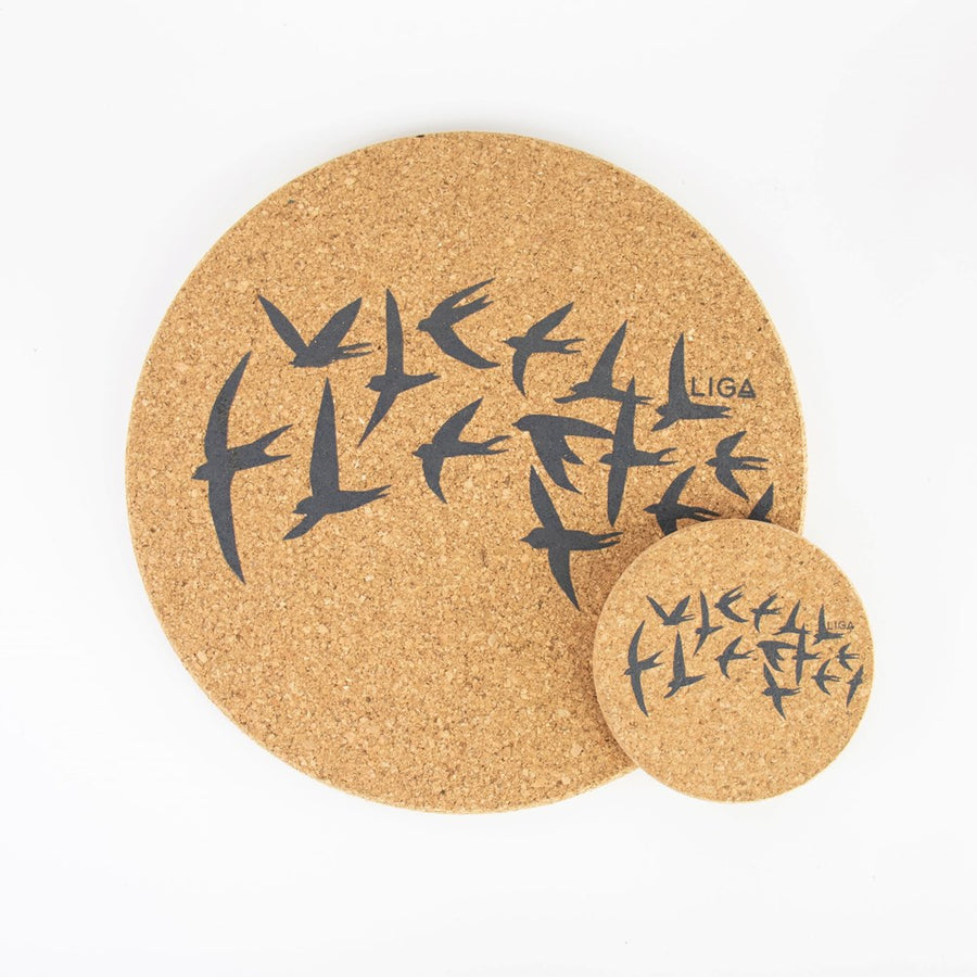 Sustainable cork placemat and coaster. Grey swallows