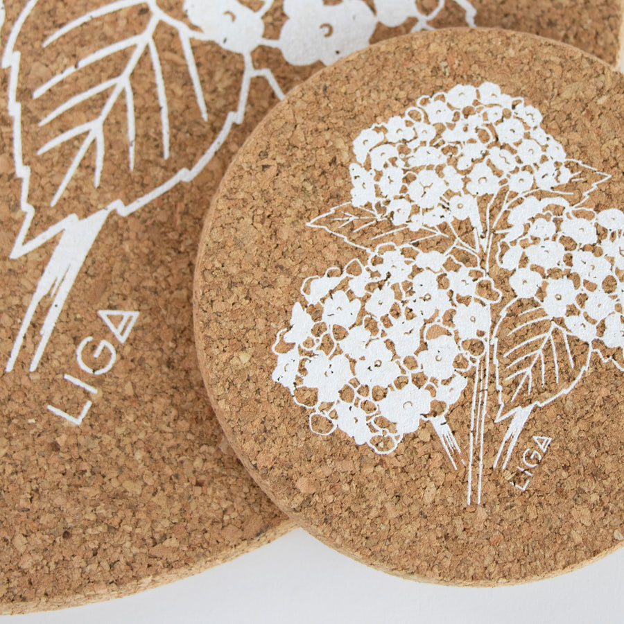 Eco friendly cork coasters. Hydrangea design