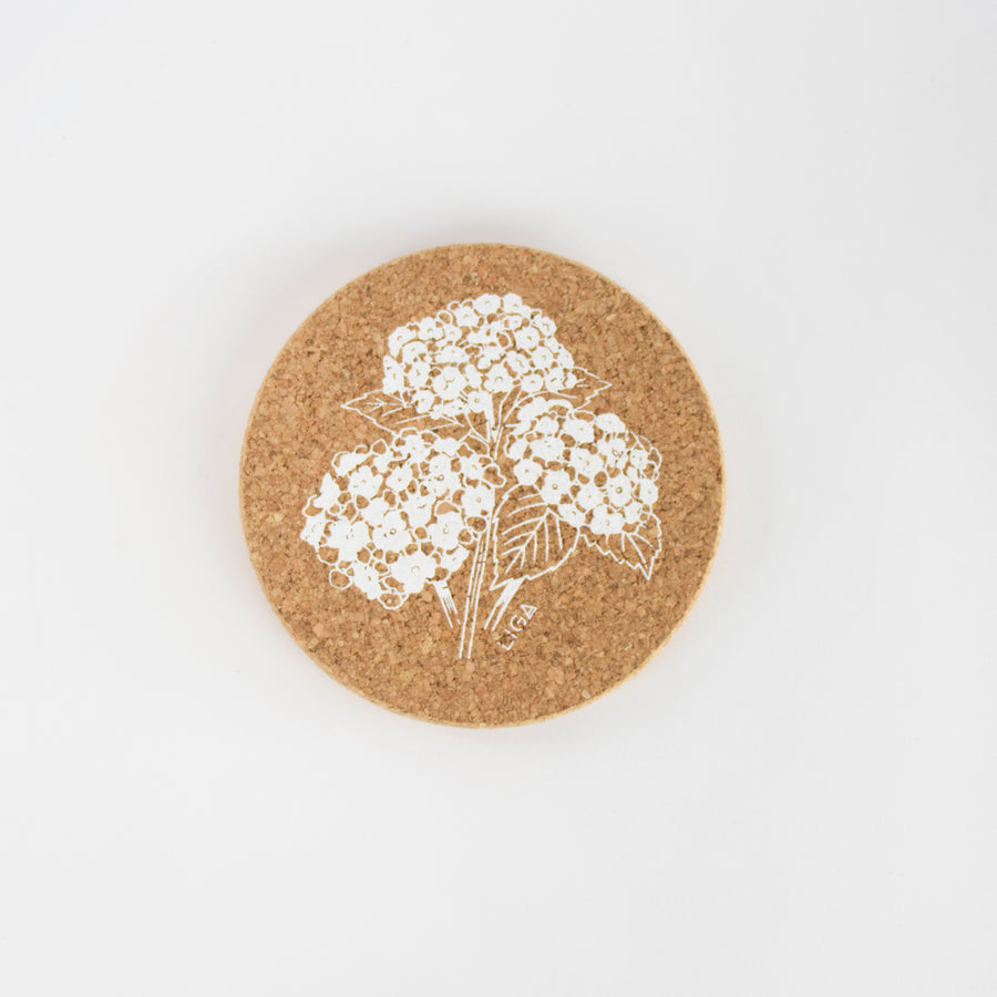 Eco friendly cork coasters. Hydrangea design
