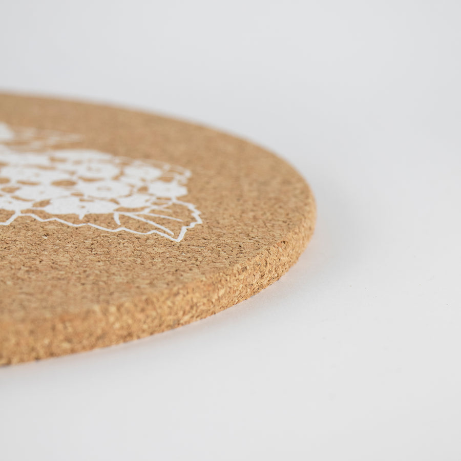Eco friendly cork placemats + coasters. Hydrangea Design
