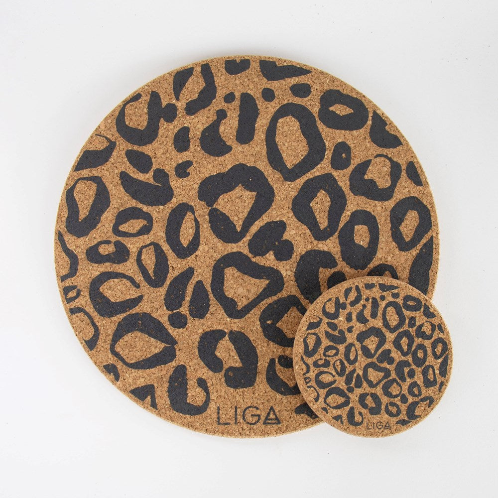Eco friendly cork placemats + coasters. Leopard print design