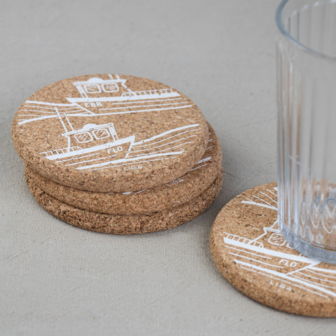 cork coasters with ebb + flo design