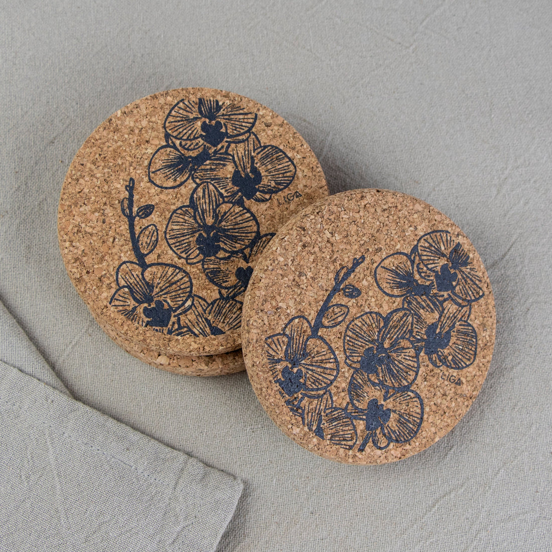 cork coasters with grey orchid design