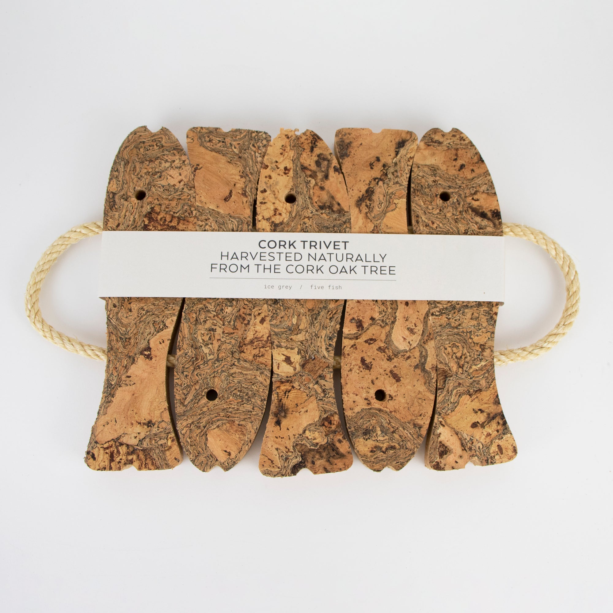Eco friendly 5 fish cork trivet with rope handles in wrap