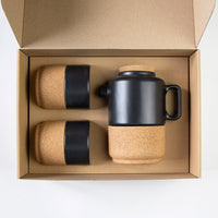 Sustainable ceramic and cork 2x coffee mugs and a tea for 2 teapot in matt blacktea for 2 gift sets- 