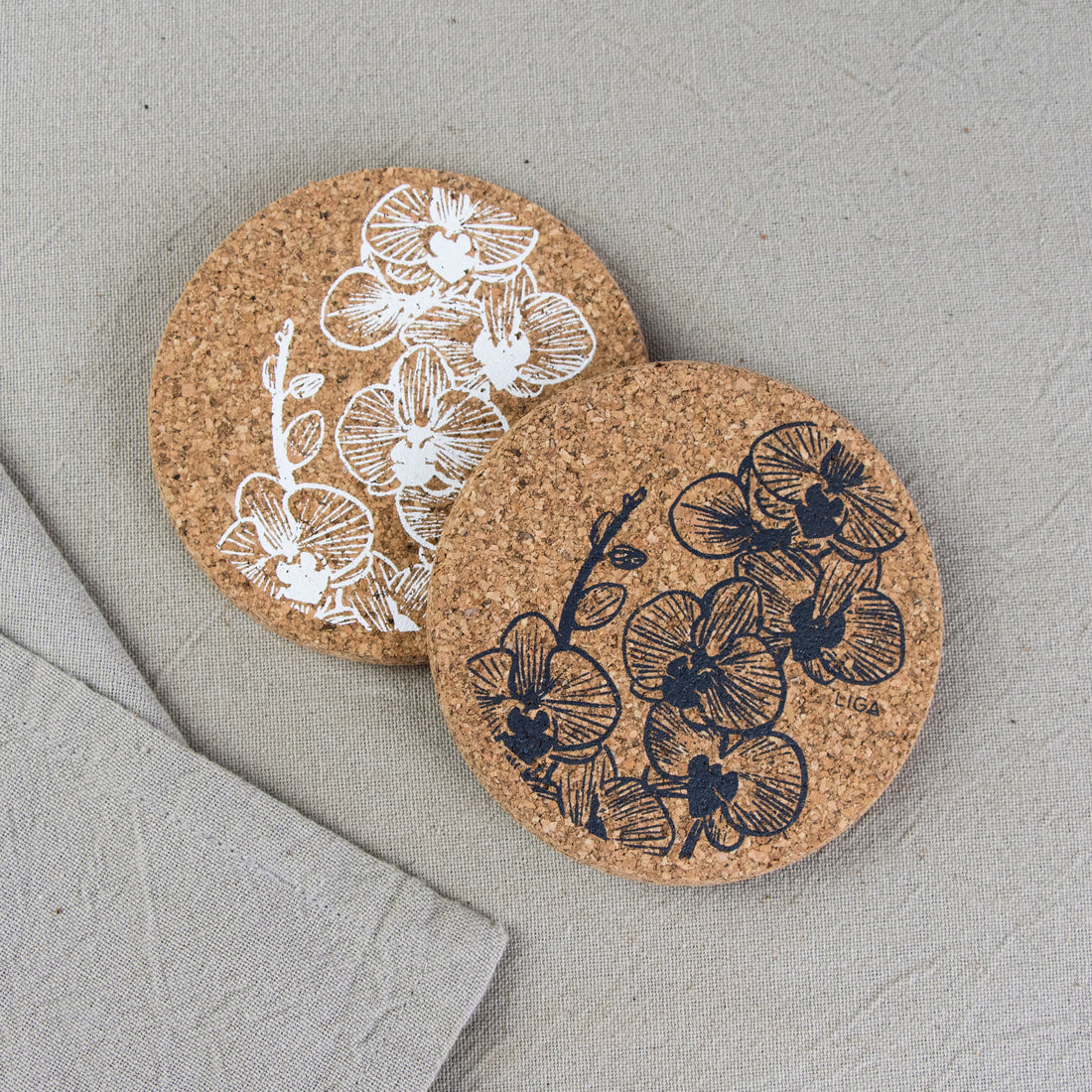 cork coaster with orchid design in grey and white