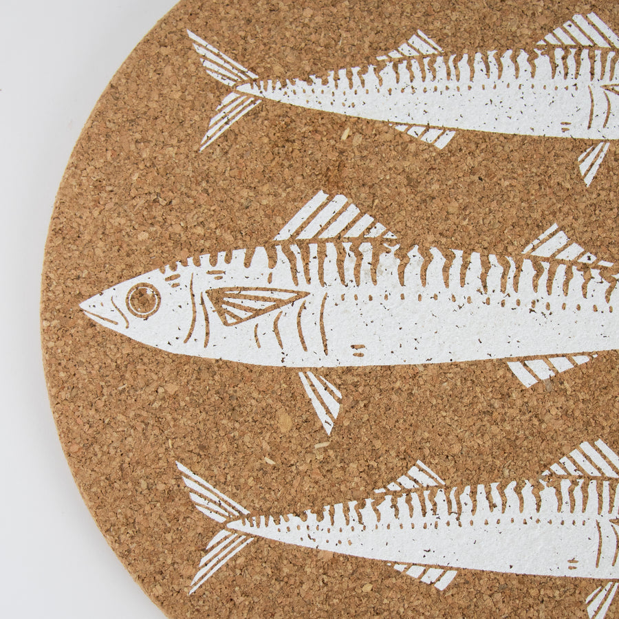 Sustainable cork placemat and coaster. Mackerel design