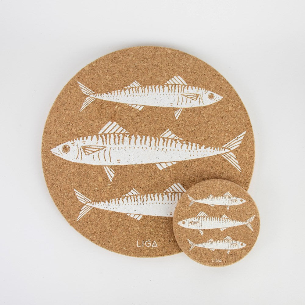 Eco friendly cork placemats + coasters. Mackerel design