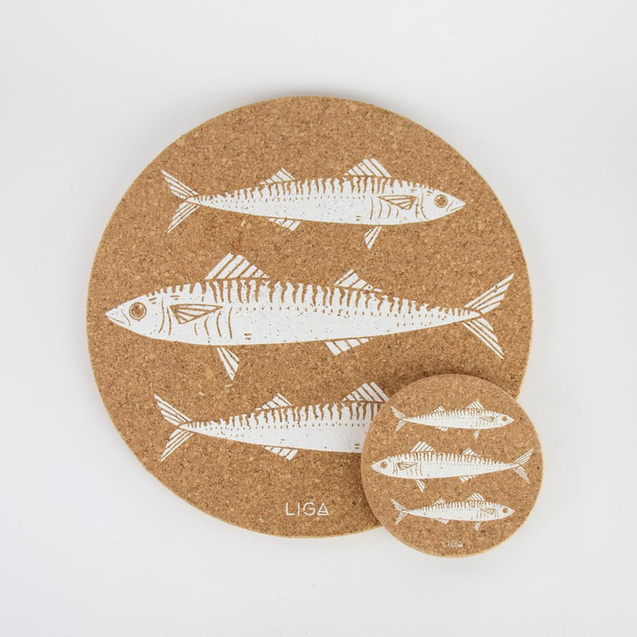 Eco friendly cork placemats + coasters. Mackerel design