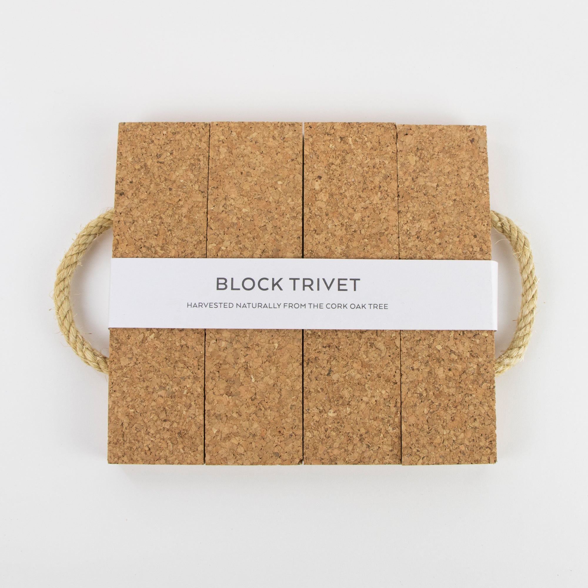 Organic cork block trivet with rope handles