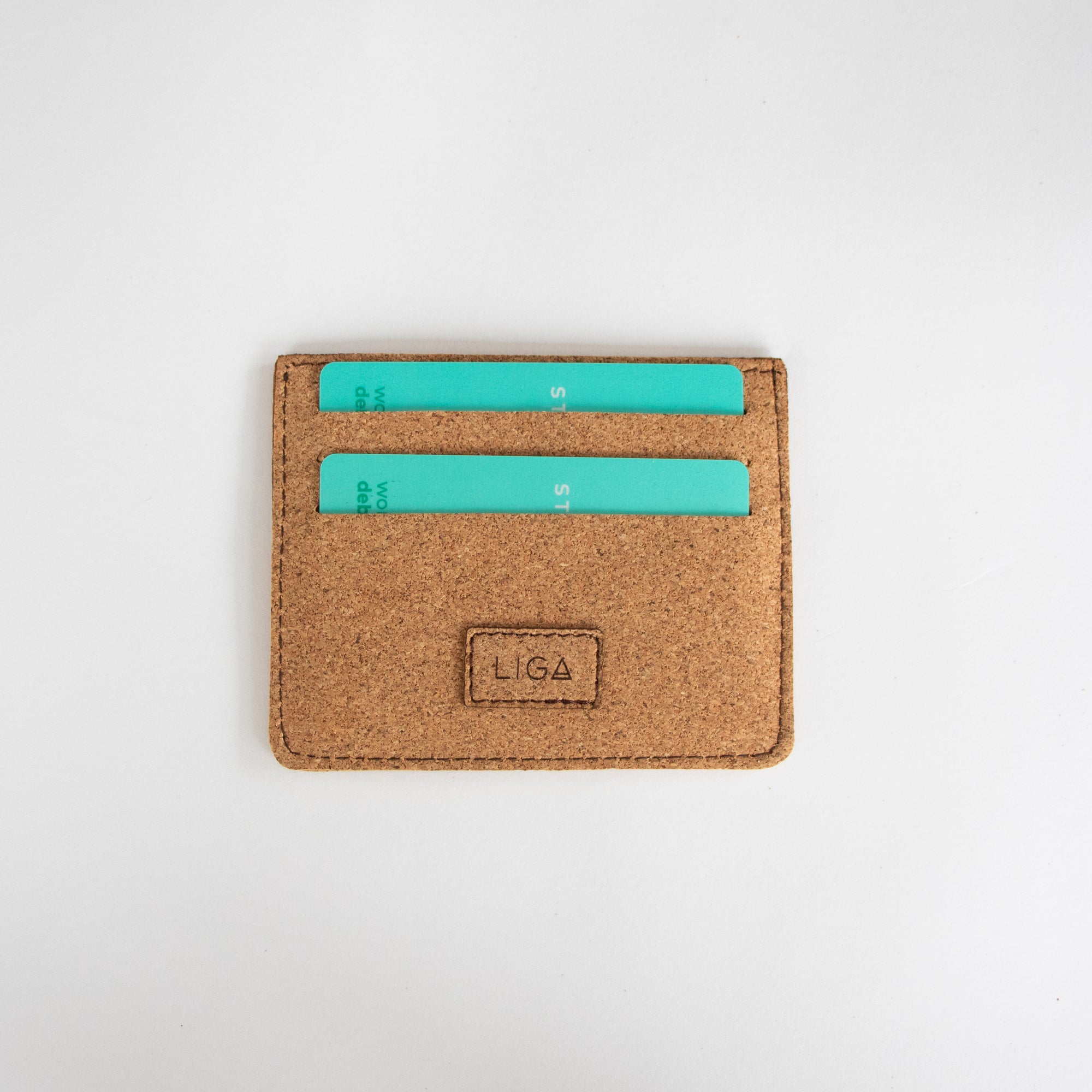 Sustainable cork Card Holder, sand range with cards in