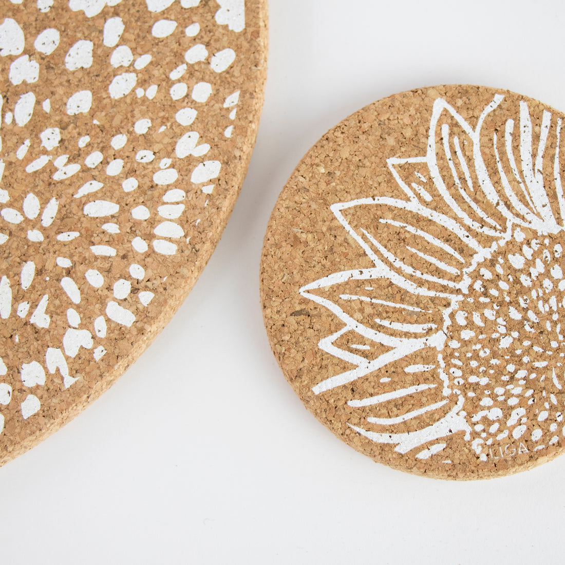 Eco friendly cork placemats + coasters. Sunflower design