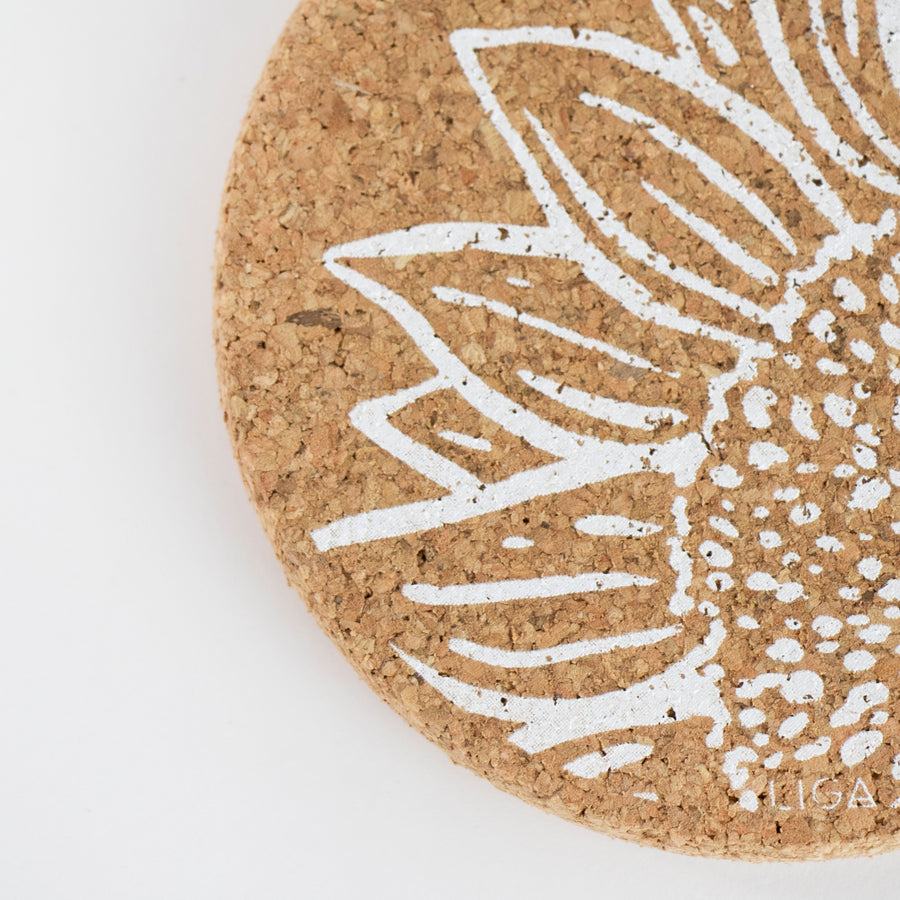 Sustainable cork placemat and coaster. Sunflower design
