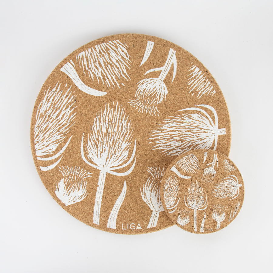 Sustainable cork placemat and coaster. Thistles and teasels design