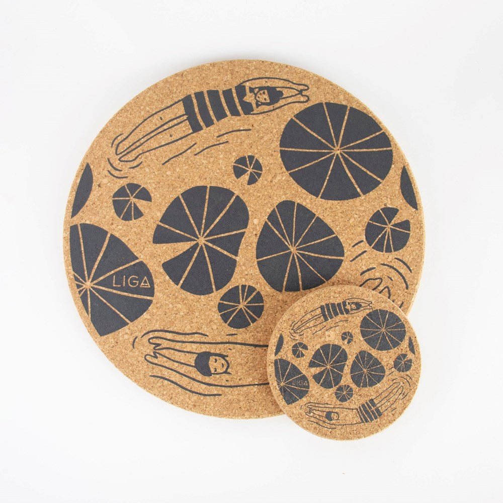 Eco friendly cork placemats + coasters. Wild Swimmers design