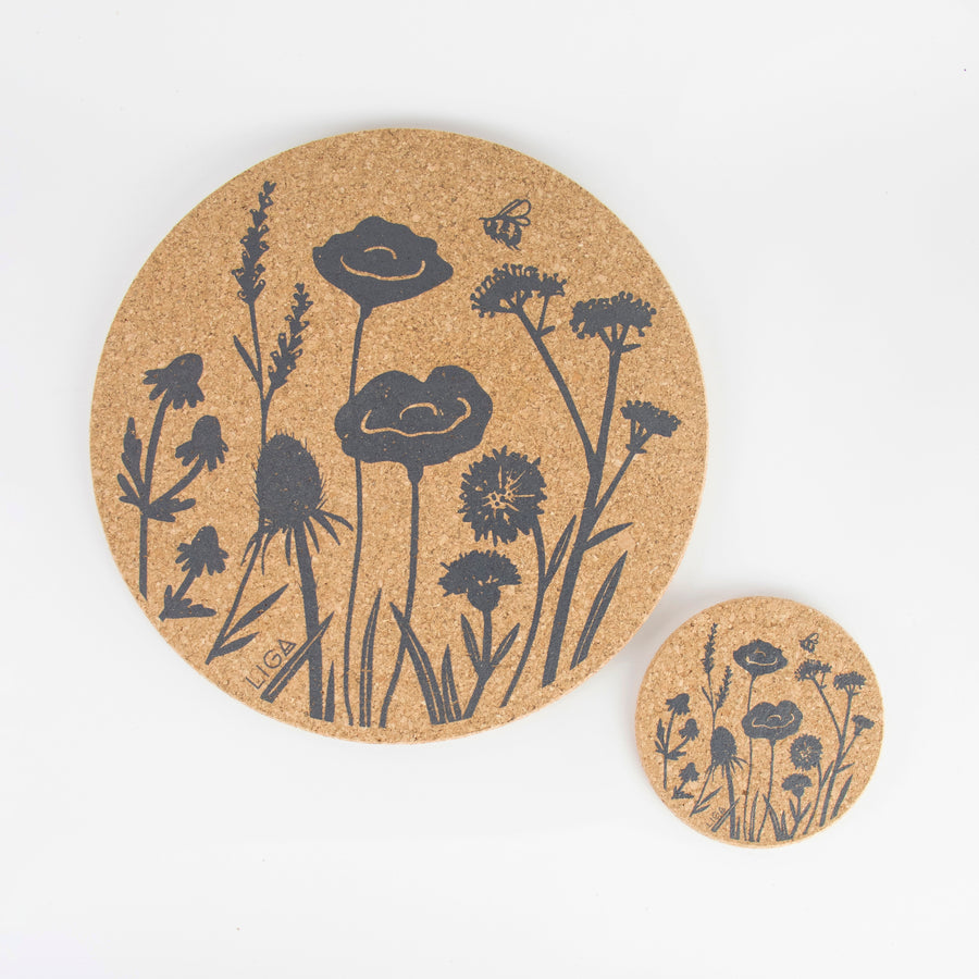 Eco friendly cork placemats + coasters. Wildflower design