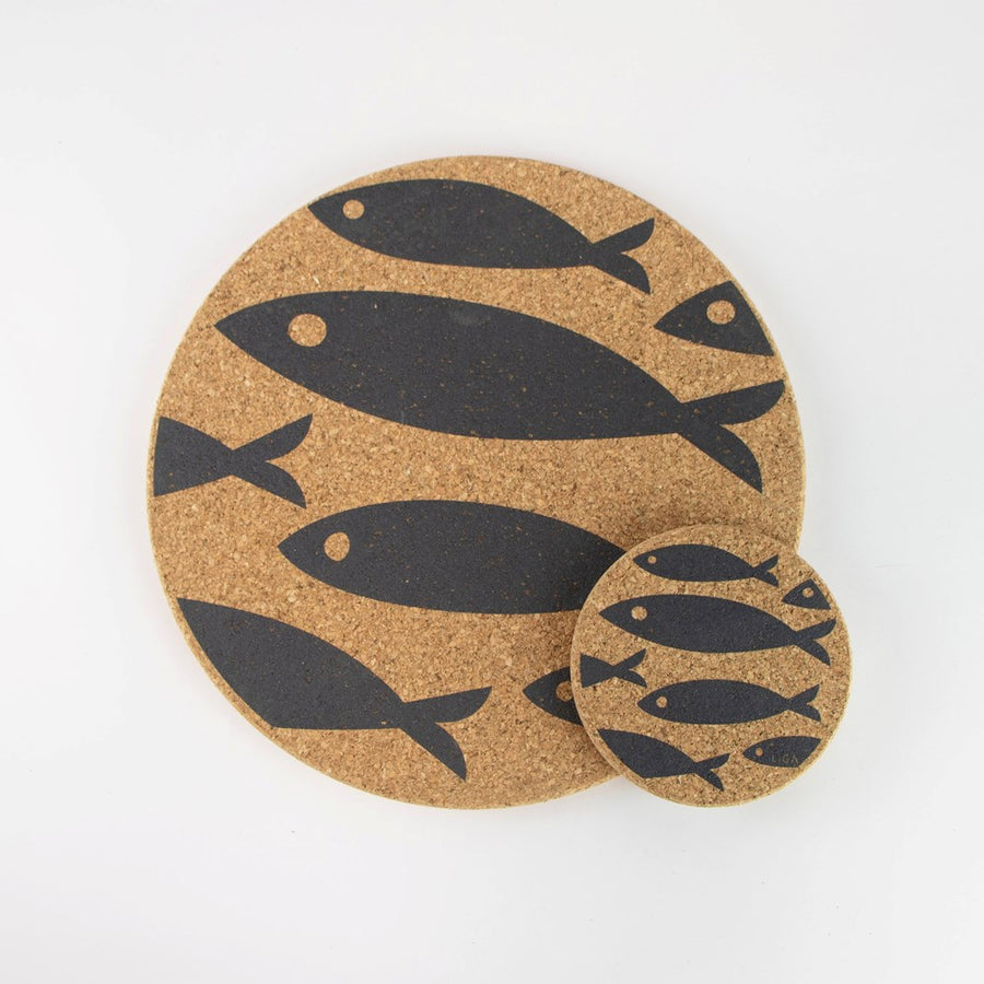Eco friendly cork placemats + coasters. Grey Fish Design