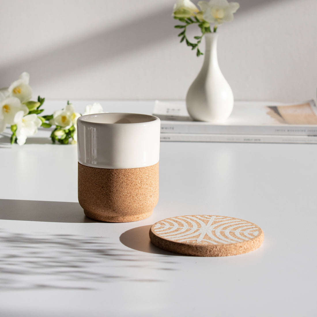 Cream Mug with ripples cork coaster