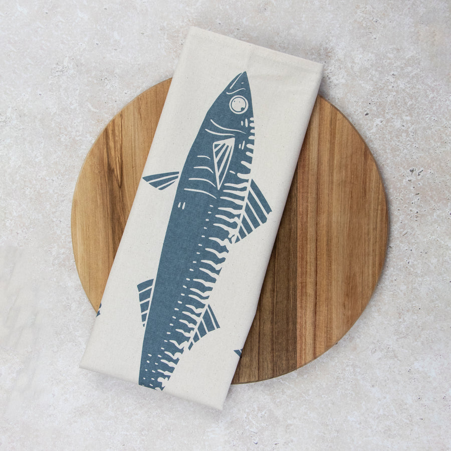 organic tea towel with mackerel design