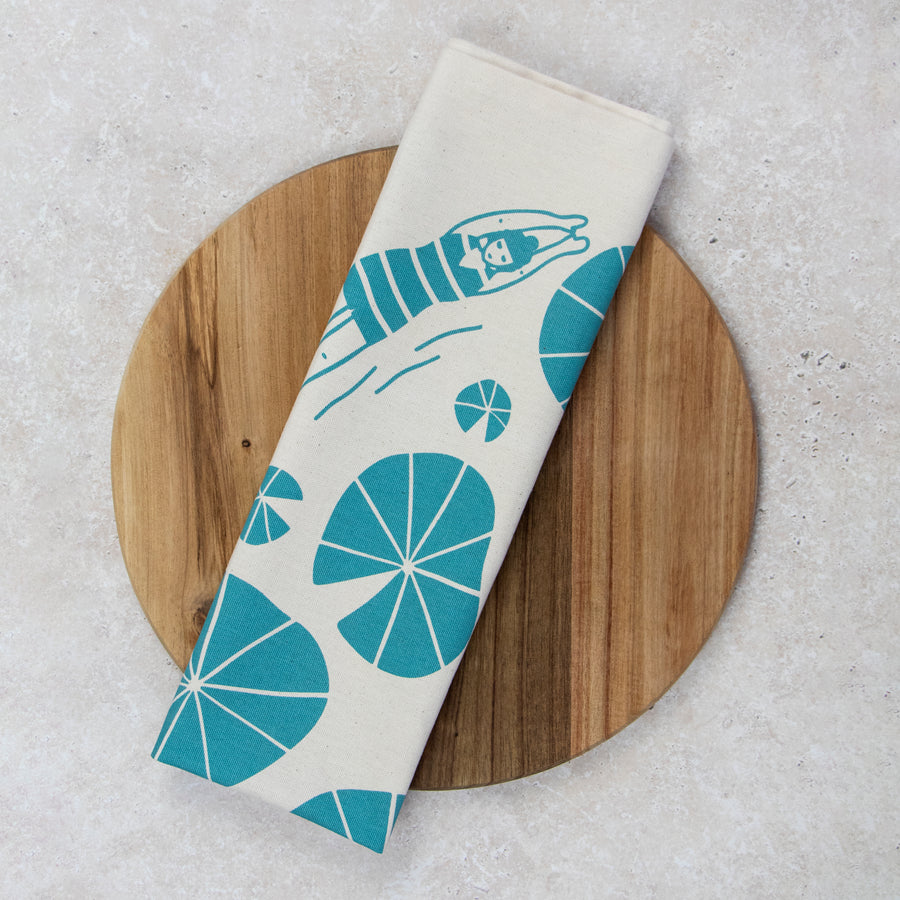organic tea towel with wild swimmers design