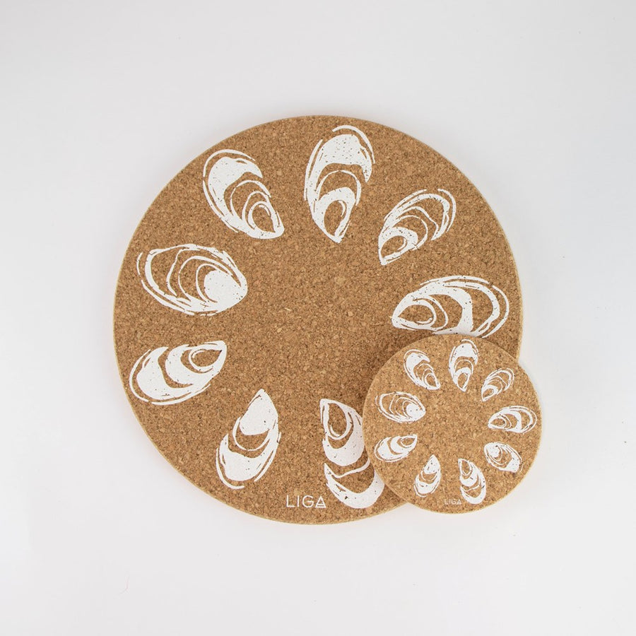 Sustainable cork placemat and coaster. Oyster design
