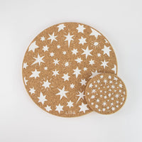Eco friendly cork placemats + coasters.  white stars design