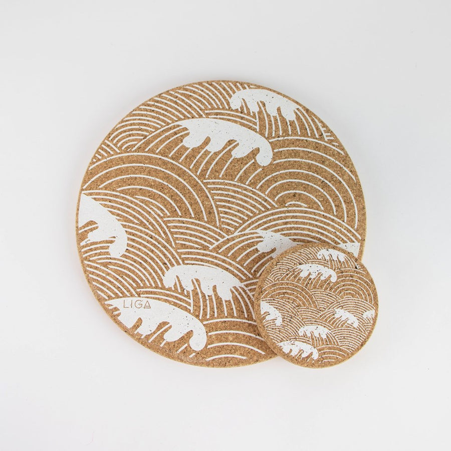 Eco friendly cork placemats + coasters. Waves design
